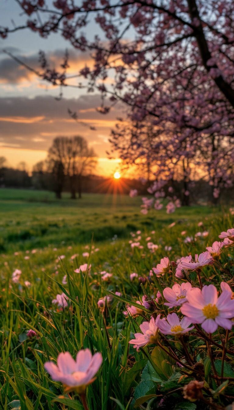 Pink spring blossoms and a green meadow at sunset